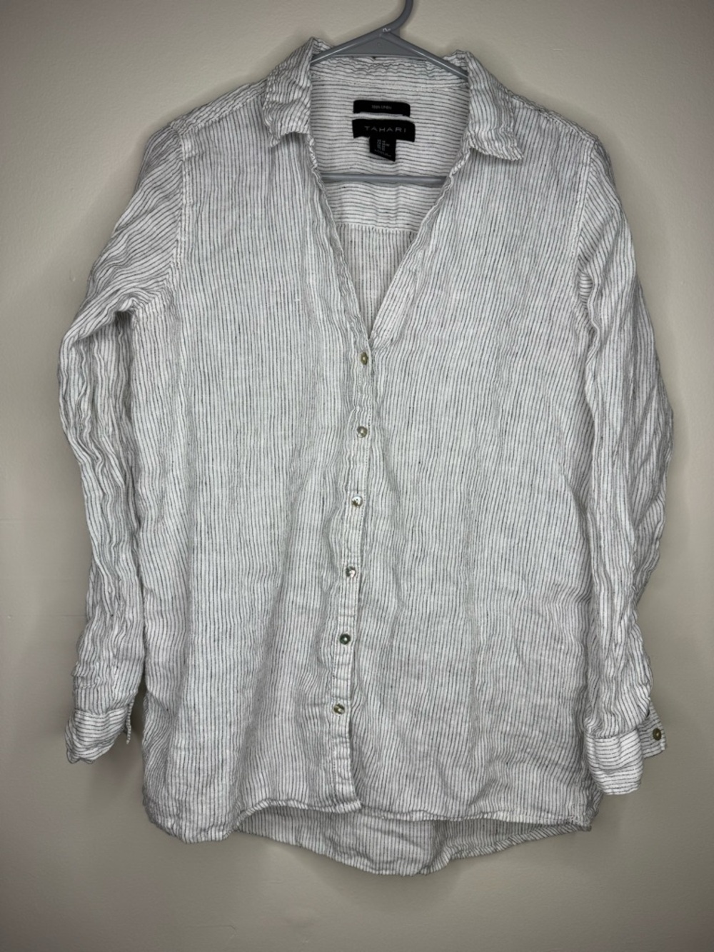 Tahari White and Light Gray Striped Linen Button-Down Shirt